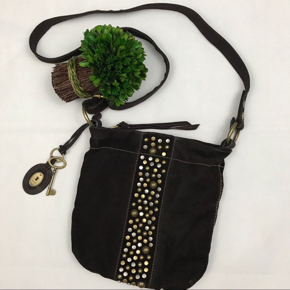 Fossil brown velour gold studded cross body purse